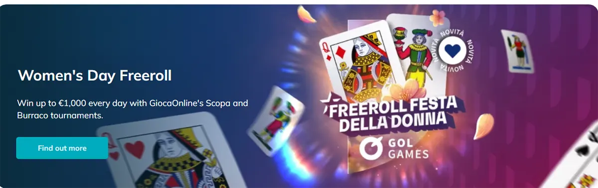 Promotional banner for a Women's Day Freeroll tournament featuring playing cards and colorful effects, advertising the chance to win up to €1,000 daily in Scopa and Burraco tournaments on GiocaOnline, with a Find out more call-to-action button.