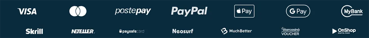 Payment methods banner displaying multiple supported options including Visa, Mastercard, PostePay, PayPal, Apple Pay, Google Pay, MyBank, Skrill, Neteller, Paysafecard, Neosurf, MuchBetter, StarCash Voucher, and OnShop, indicating a wide range of deposit and withdrawal methods available on the platform.