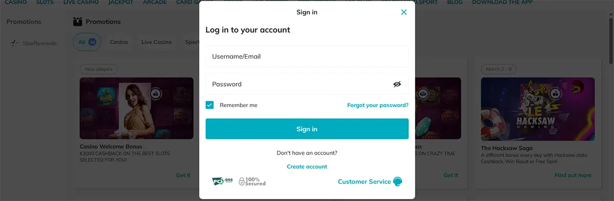 Casino website sign-in pop-up window showing login fields for Username/Email and Password, with options for Remember me, Forgot your password, and a Sign in button. The panel also includes links to Create account, Customer Service, and security indicators such as PCI DSS and 100% secured, displayed over a blurred promotions page in the background.